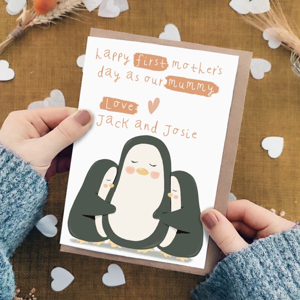 Personalised Penguin Twins Mother's Day Card - For a special Mummy - Mama From Babies, Sons, Daughters, Two Children