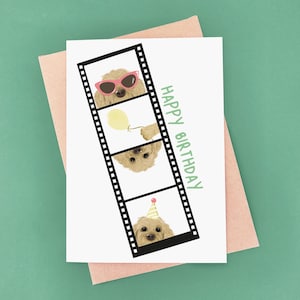 May include: A white greeting card featuring a vertical film strip graphic with three frames. The top frame shows a tan dog wearing pink sunglasses, the middle frame shows a dog with a yellow balloon, and the bottom frame shows a dog in a party hat. The text "HAPPY BIRTHDAY" is printed in green.