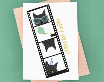 Photo Booth Strip Cat Birthday Card - Funny Black Cat Selfie
