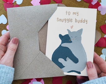 Cat Hugs Anniversary Card - To My Snuggle Buddy Card - Card For Him - Personalised Card - Eco Recycled Card