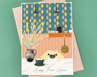 Golden Retriever New Home Card – Cute Dog in Kitchen