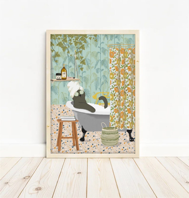 Cat Bathroom Print- Cat Lover Gift - Cat Decor - Animal Bath Wall Art - Maximalist Bathroom Prints - Eclectic - Jungle Deco - Christmas Gift
