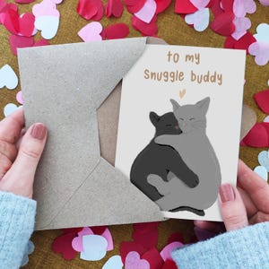 To My Snuggle Buddy Cat Card - Hugs - Anniversary Card - For Him - Personalised Card - Eco Recycled Card - From Bride to Groom - Wedding Day