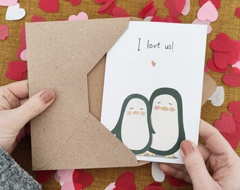Carte personnalisée d'anniversaire de pingouin - carte Je nous aime - carte pour lui - carte recyclée écologique - carte de jour de mariage