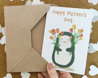 Penguin Tulips Mothers Day Card - Personalised - Eco Friendly Card - Card For Mum - Mummy Card - Cute Penguin Card