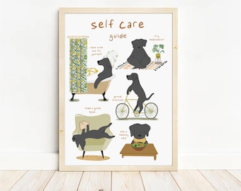 Guia de autocuidado para cães - Arte sobre saúde mental de labrador - Decoração para banheiro (Download digital)