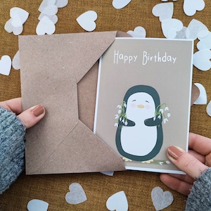 Carte d'anniversaire personnalisée pingouin - carte recyclée écologique - carte pour elle - femme soeur maman grand-mère tante