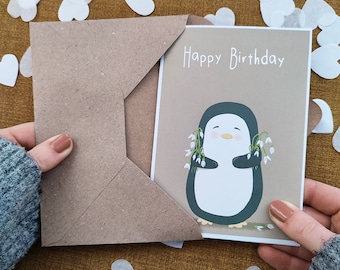 Personalised Penguin Birthday Card - Eco Recycled Card - Card For Her - Wife Sister Mum Grandma Auntie