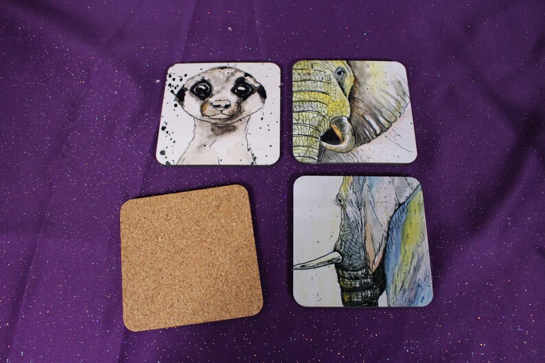 Stocking Stuffer Art Elephants Coaster set Giraffe African Animal Coaster Set. Cork Coaster Set Meerkat Coaster