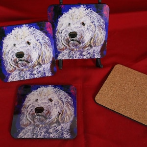 Coaster Set, Golden Doodle Dog Coasters, Set of 4 Cork Coasters, Stocking Stuffer Art Coasters, Christmas dog Gift for her, him, Children