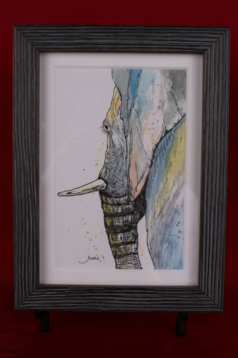 Elephant Pen /& Ink Drawing with Watercolor Print him Elephant gifts for her children/'s wall art Framed Rustic Elephant Watercolor Art