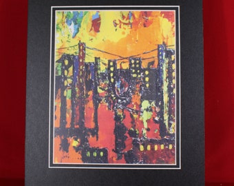 Abstract Cityscape, Urban Landscape, Fire In The City, Matted City Scene, City On Fire Art print, Art Gift For Her, Him,