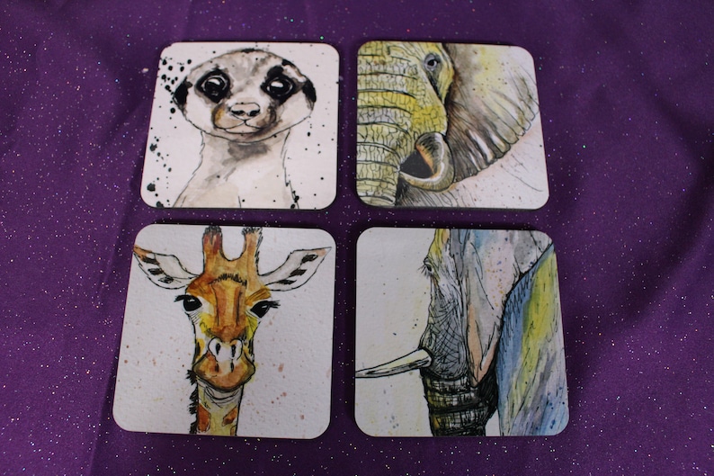 Stocking Stuffer Art Elephants Coaster set Giraffe African Animal Coaster Set. Cork Coaster Set Meerkat Coaster