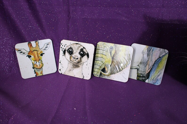 Stocking Stuffer Art Elephants Coaster set Giraffe African Animal Coaster Set. Cork Coaster Set Meerkat Coaster