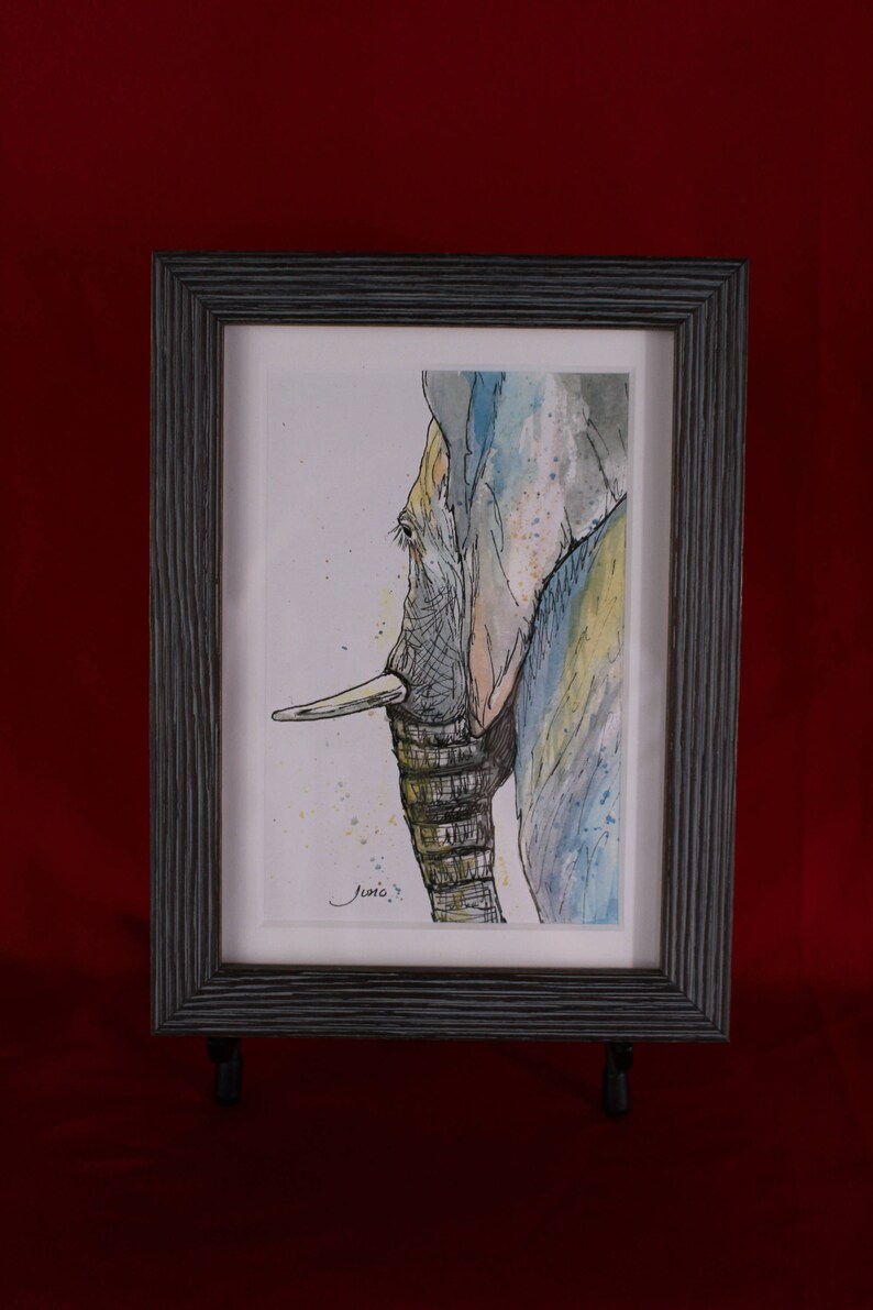 Elephant Pen /& Ink Drawing with Watercolor Print him Elephant gifts for her children/'s wall art Framed Rustic Elephant Watercolor Art