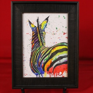Abstract Zebra Pen and Ink Watercolor Giclée Print Framed, Zebra Gift for her, him, Children&#39;s Wall Art, Stocking Stuffer Art Gift