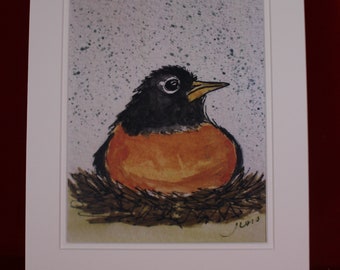 Watercolor Robin on Nest Painting, Robin Matted print, Robin Wall Art, Bird Gift For her, him, Children's Wall Art