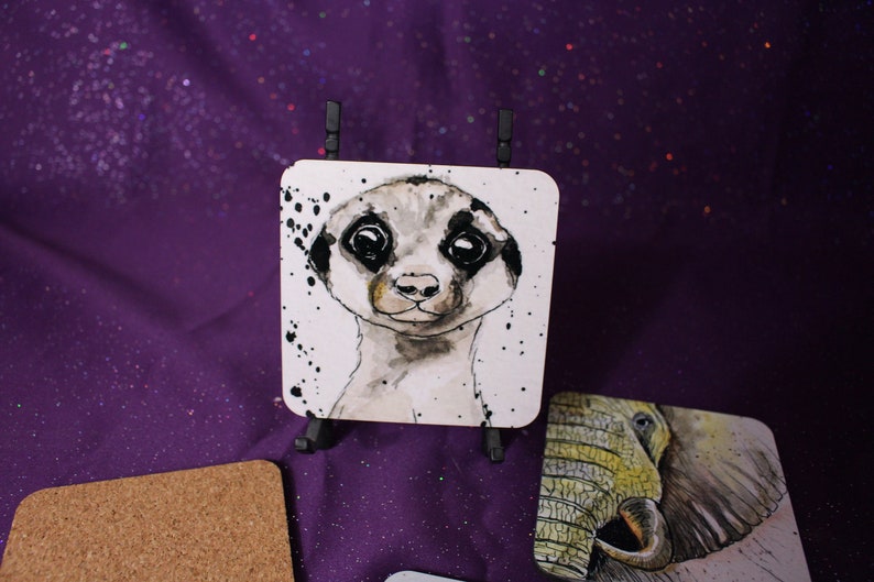 Stocking Stuffer Art Elephants Coaster set Giraffe African Animal Coaster Set. Cork Coaster Set Meerkat Coaster