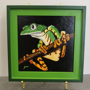 Framed Tiger-Striped Leaf frog (Phyllomedusa tomopterna) Green Frog Painting, Frog wall art