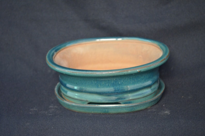 hard to find! oval green 7 pot set Bonsai pot with matching ceramic tray
