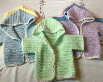 Handmade crocheted hooded baby sweater (pink, lavender, baby blue, green, yellow, peach, blue); one size fits most; custom orders available