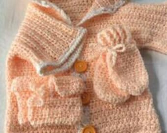 Handmade crocheted hooded sweater w/booties & mittens (green, yellow, peach, pink, blue, lavender, baby blue); custom orders available