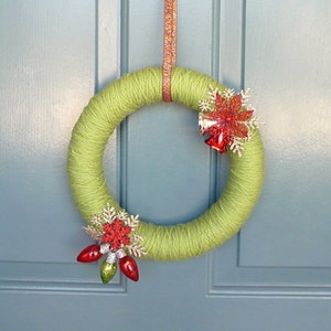 Christmas Yarn Wreath 10 Inches with Green, Red, Gold and Silver