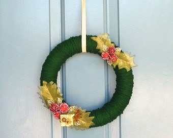 Christmas Yarn Wreath 10 Inch with Green, Red and Gold