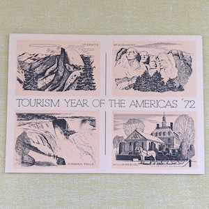 Carte postale vintage Année du tourisme des Amériques '72 Yosemite, Mt. Rushmore, Niagara Falls, Williamsburg