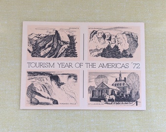 Vintage Postcard Tourism Year of the Americas '72 Yosemite, Mt. Rushmore, Niagara Falls, Williamsburg