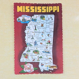 Cartolina postale d'epoca inutilizzata con mappa dello stato del Mississippi