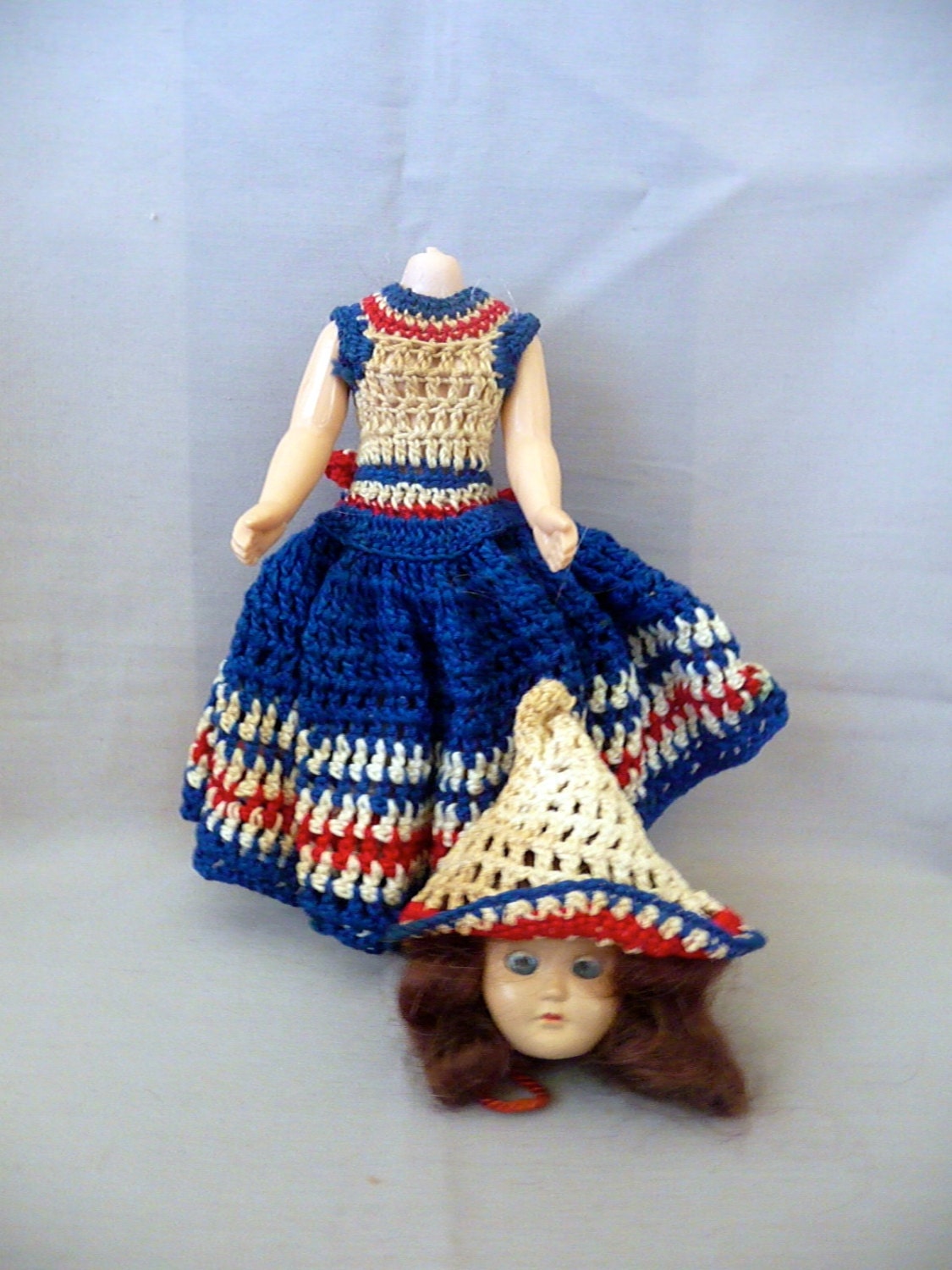 Vintage Doll With Red White and Blue Crochet Dress Etsy