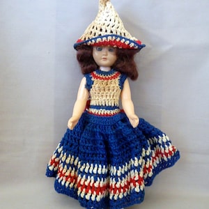 Vintage Doll with Red, White and Blue Crochet Dress