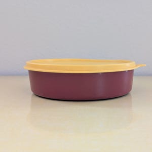 Round Dark Red or Maroon Tupperware Container with Yellow Lid, Vintage Tupperware Container, Round Tupperware