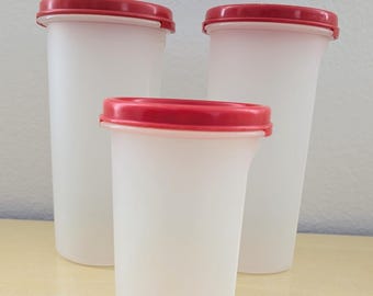 赤い蓋が付いた丸型タッパーウェア容器 3 個セット - Etsy 日本