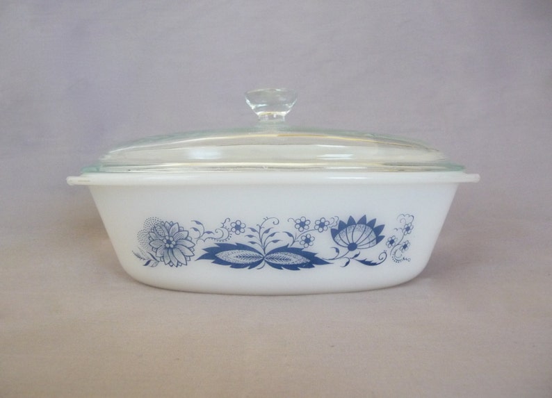 Milk Glass Casserole With Blue Floral Design and Clear Glass Etsy