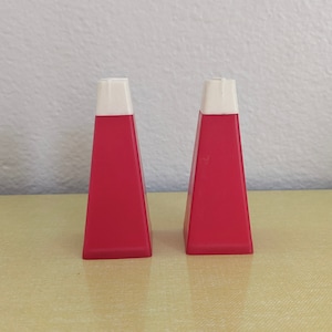 Pair of Vintage Red Plastic Pyramid Shaped Salt and Pepper Shakers