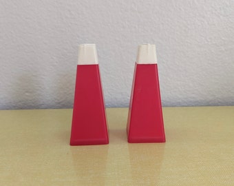 Pair of Vintage Red Plastic Pyramid Shaped Salt and Pepper Shakers