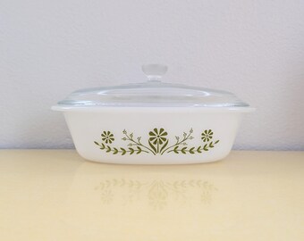 Vintage Glasbake Milk Glass Casserole Dish with Green Floral Design