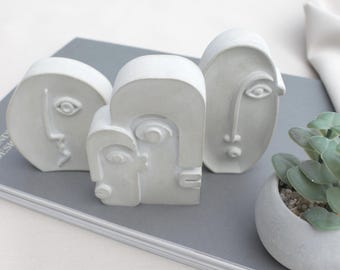 3er Set Beton Gesichter Skulpturen aus Beton, Silent Face, Skandinavische Deko Figuren aus Beton