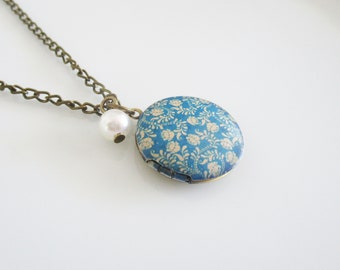 Medaillon - Blume - vintage - blau - Perle - Geschenk
