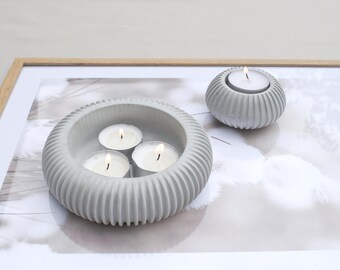 Geriffelte Schale und Teelichthalter aus grauem Beton – Skandi Deko, minimalistisch, elegant, handgemacht