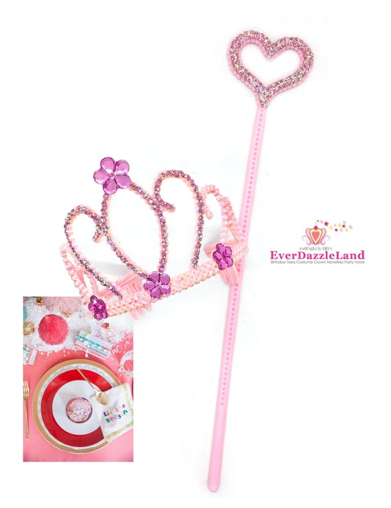 SILVER WAND AND TIARA SET WITH PINK STONES FAIRY TALES DRESS UP AND PLAY