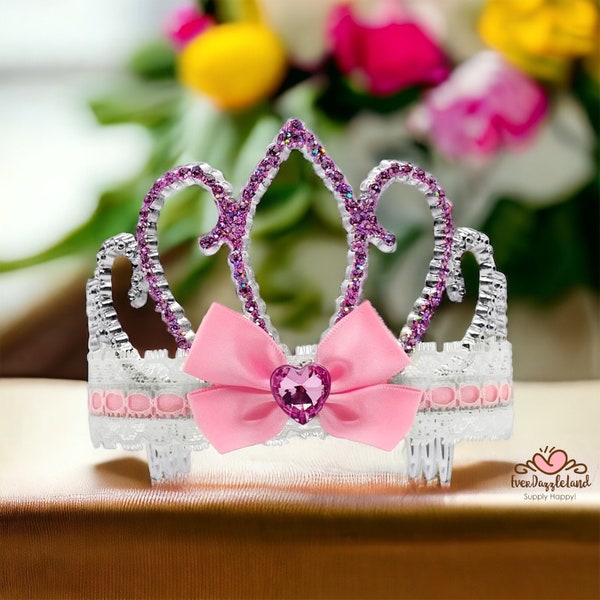 Princess tea party tiara crown with lace, pink bowknot hand draw glitter jewel kid girl costume tiara crown