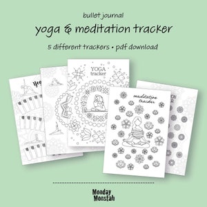 Könnte beinhalten: Fünf druckbare Yoga- und Meditations-Tracker für Bullet Journaling. Die Tracker zeigen Schwarzweißillustrationen von Yoga-Posen und Meditation.