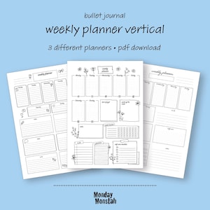 Könnte beinhalten: Drei schwarz-weiße Wochenplaner-Seiten mit floralen Kritzeleien und dem Text "weekly planner vertical". Die Seiten enthalten Abschnitte für tägliche Aufgaben, Notizen und Gewohnheitsverfolgung. Der Text "3 different planners • pdf download" ist ebenfalls sichtbar.