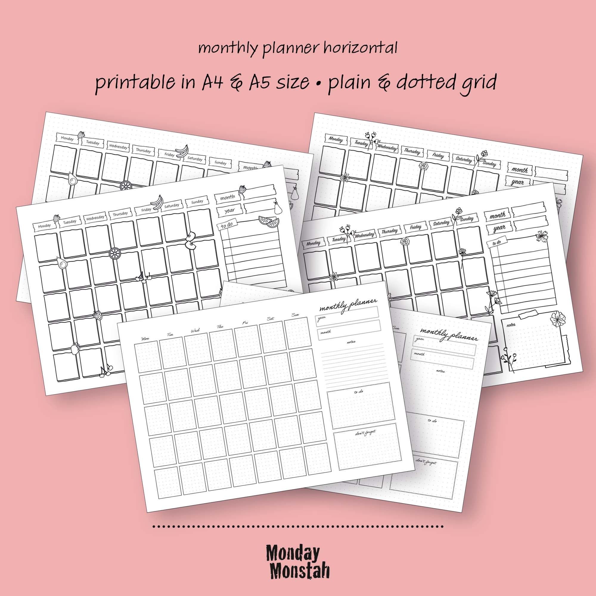 Monthly Planner Printable • Bullet Journal Printable • Horizontal • A4 ...
