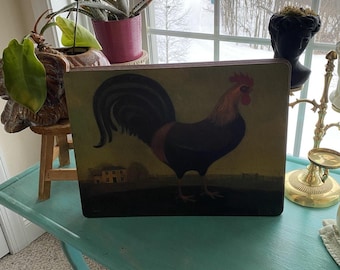 Juego de 7 manteles individuales vintage de gallo y pimpinela de Emma Baker con parte trasera de corcho.
