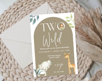 May include: A light brown invitation with a watercolor illustration of a giraffe and an elephant. The text reads "TWO Wild" and includes details for a birthday party.