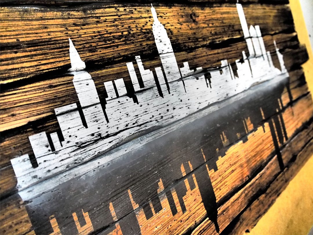 Image showcasing City Skylines Decor Sign Rustic Decor Hand-painted Theme on Distressed ...